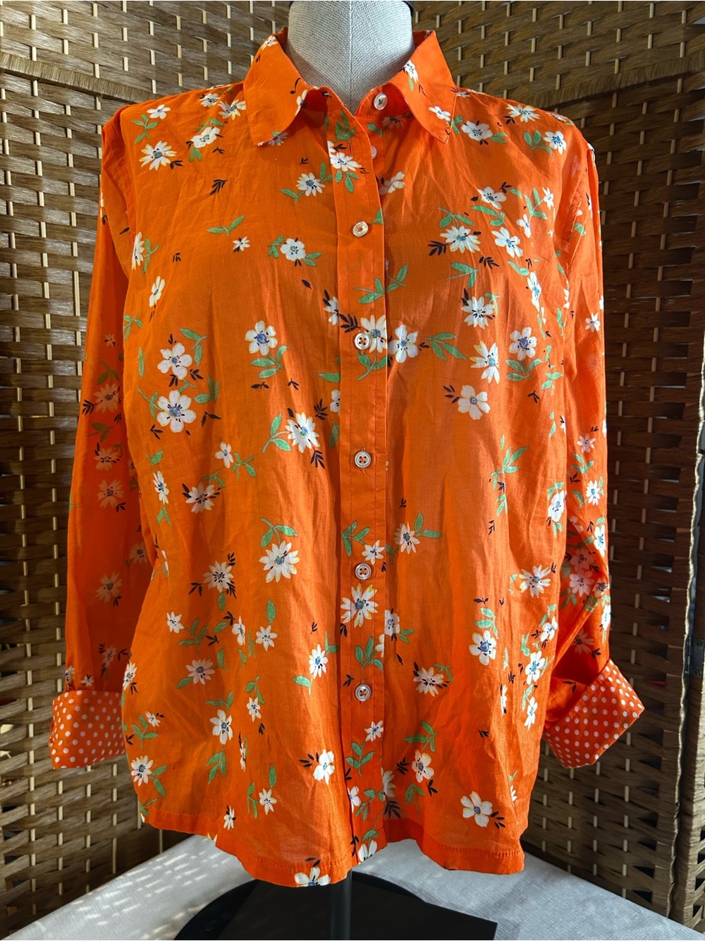 Talbots Petite Orange Floral Button Front Cotton Shirt Blouse Cottagecore